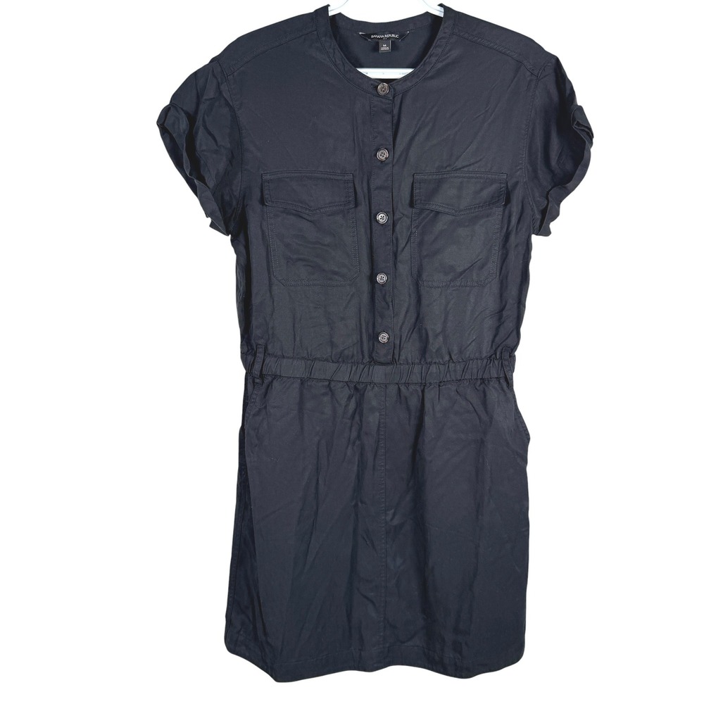Banana Republic Utility Dress Womens M Black Tencel Button Front Cuffed Sleeve - Picture 1 of 9